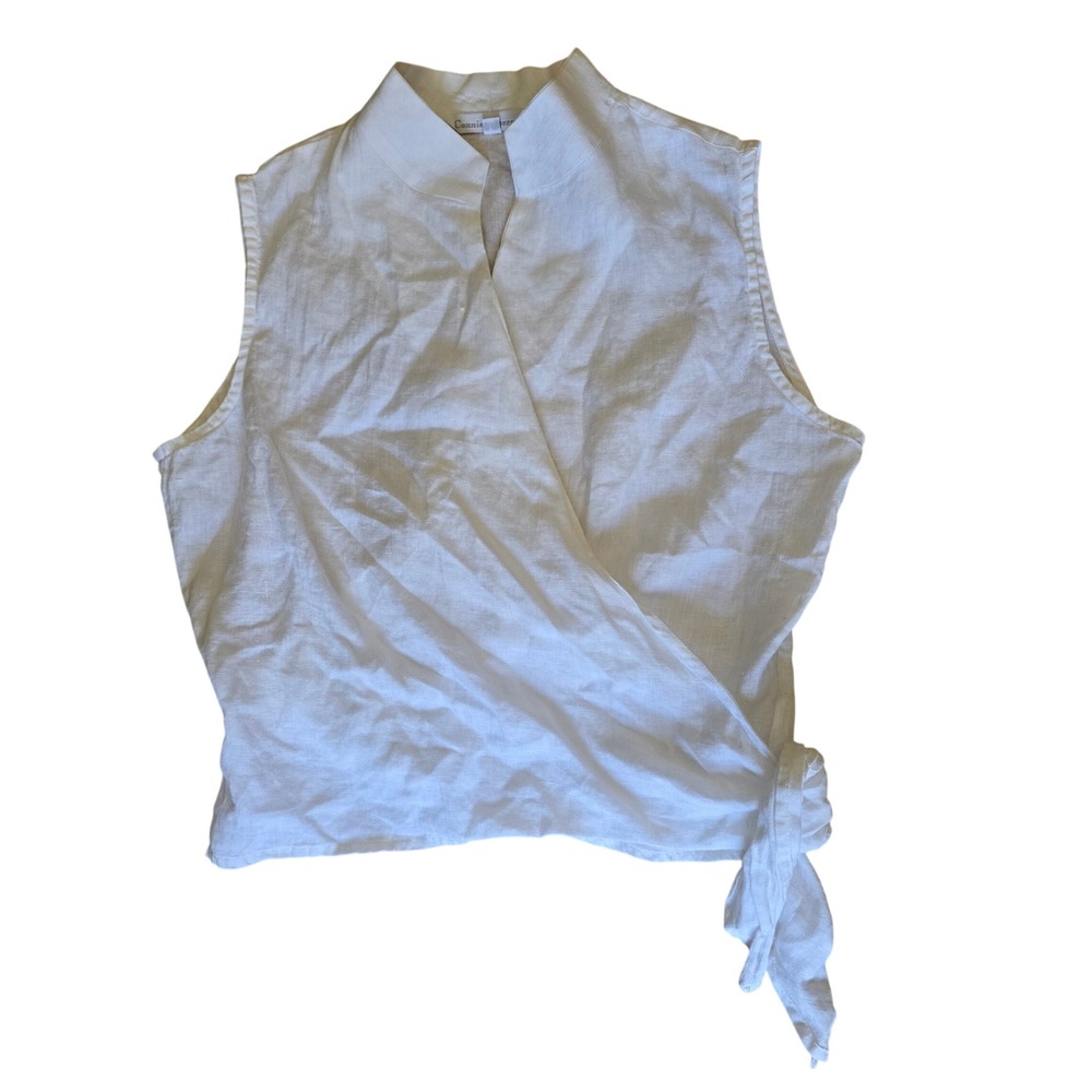 Connie Roberson White 100% Linen Sleeveless Wrap Side Tie Mandarin Collar Top L